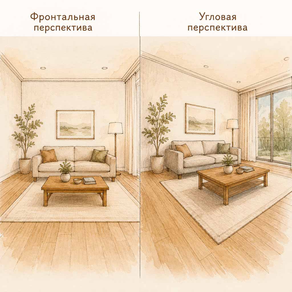 Фронтальная и угловая перспектива интерьера
